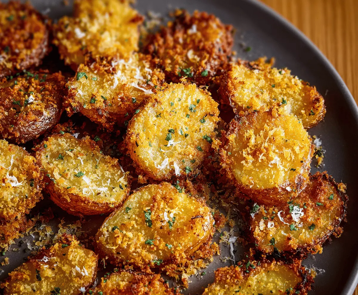 Golden crispy Parmesan smashed potatoes garnished with fresh herbs on a white plate, perfect for a delicious side dish.