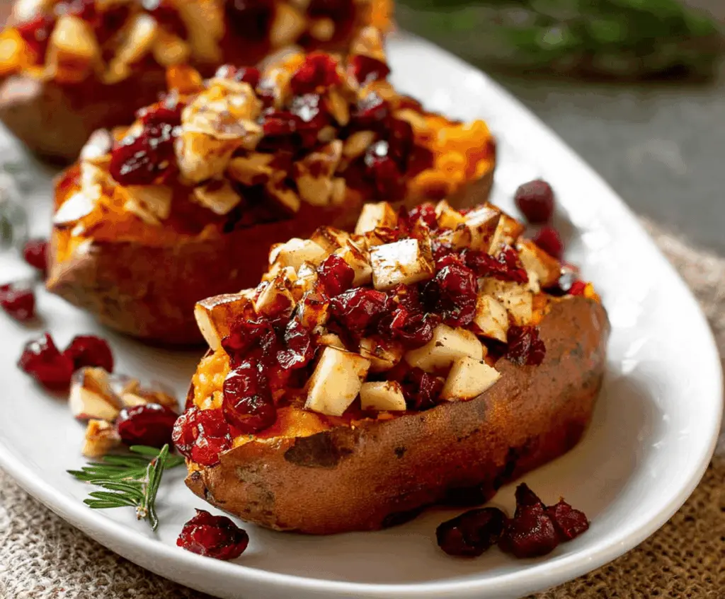 Baked sweet potatoes topped with fresh cranberries and apple slices, ready to serve.