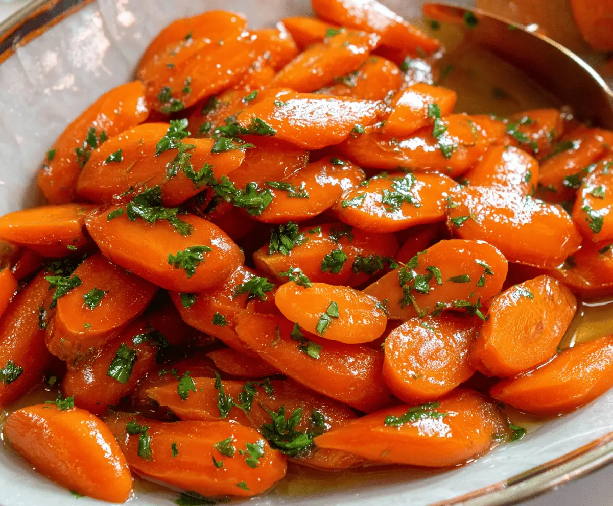 Brightly glazed carrots garnished with fresh herbs on a white plate, ready to serve as a delicious side dish.