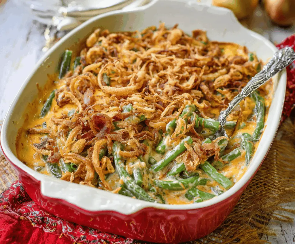 Delicious green bean casserole topped with crispy fried onions, served in a baking dish, perfect for holiday dinners.