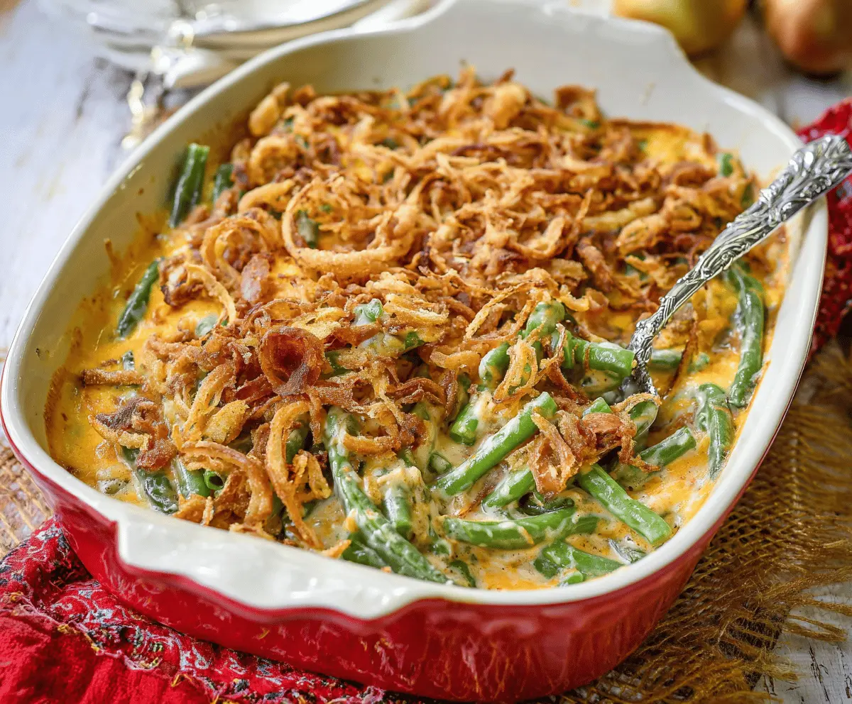 Delicious green bean casserole topped with crispy fried onions, served in a baking dish, perfect for holiday dinners.