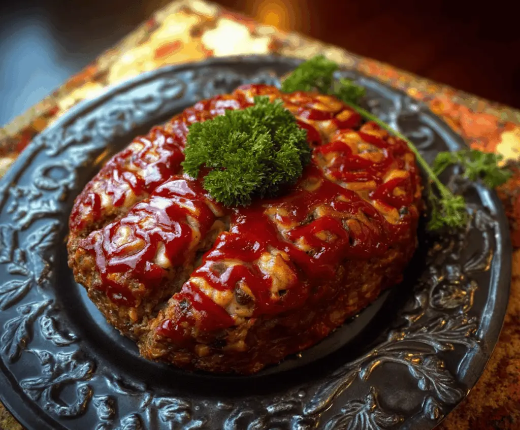 Halloween Brain Meatloaf served on a spooky platter with green sauce and garnished with creepy vegetables, perfect for a Halloween party feast.