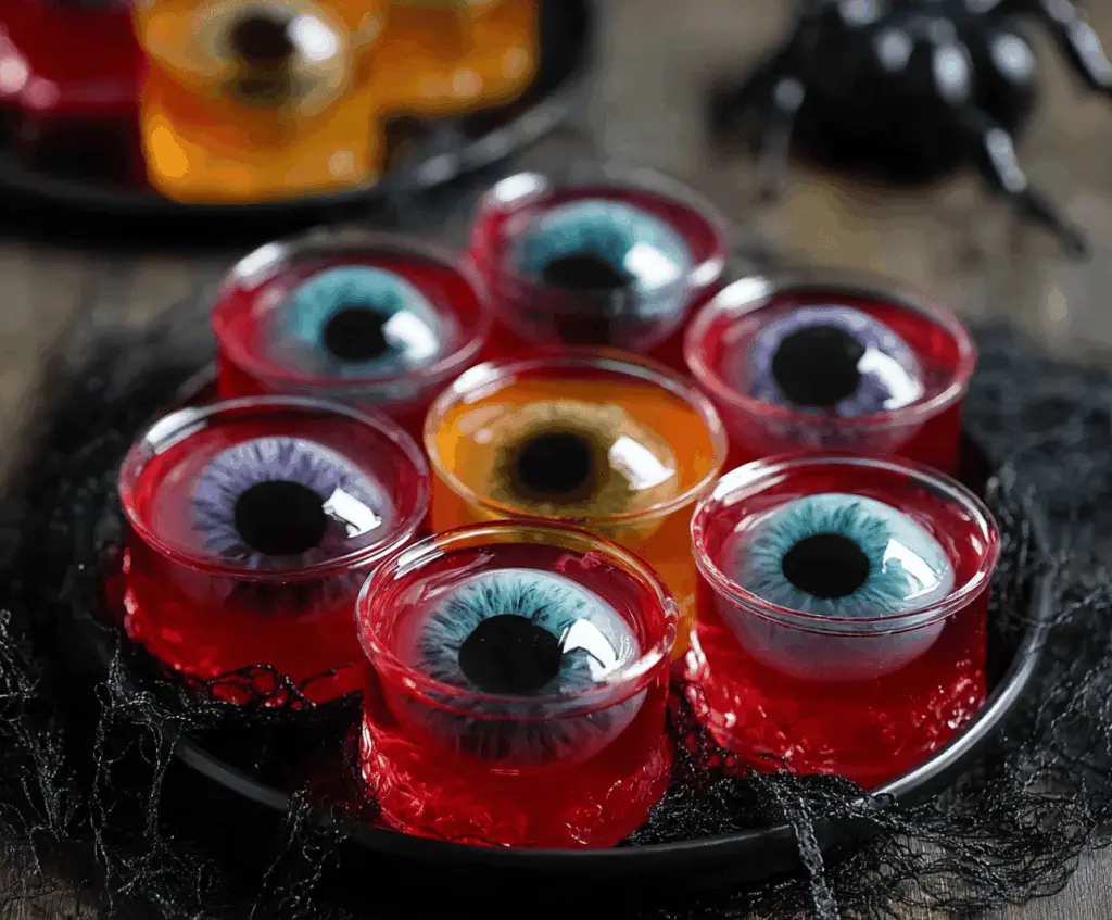 Colorful Halloween Eyeball Jello Shots with spooky garnishes for a fun party treat