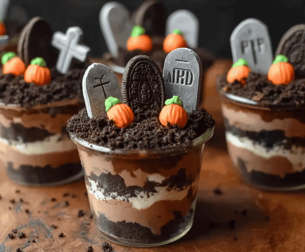 A spooky Halloween Graveyard Dirt Cup with chocolate pudding, crushed cookies, gummy worms, and tombstone decorations on a spooky themed plate.