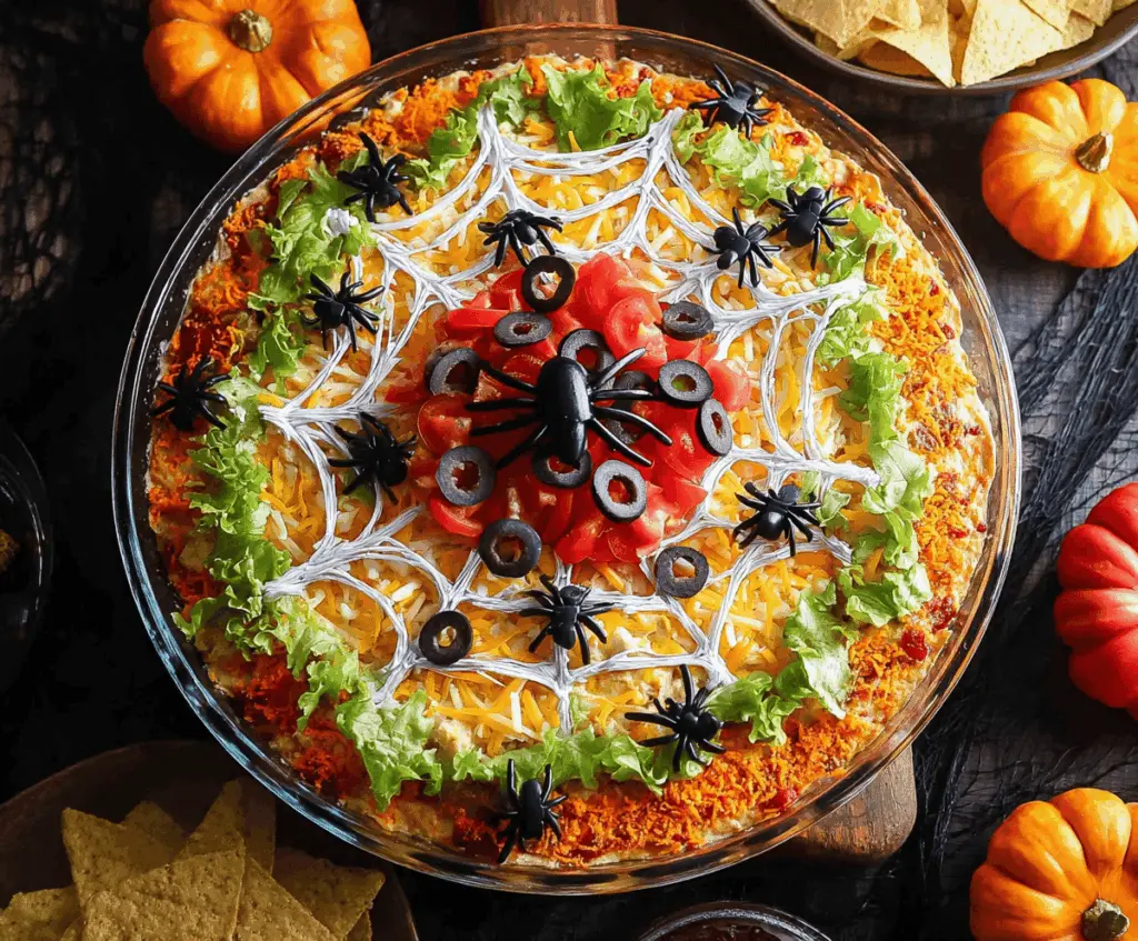 Colorful Halloween Spiderweb Layered Taco Dip with tortilla chips and festive decorations, perfect for spooky parties