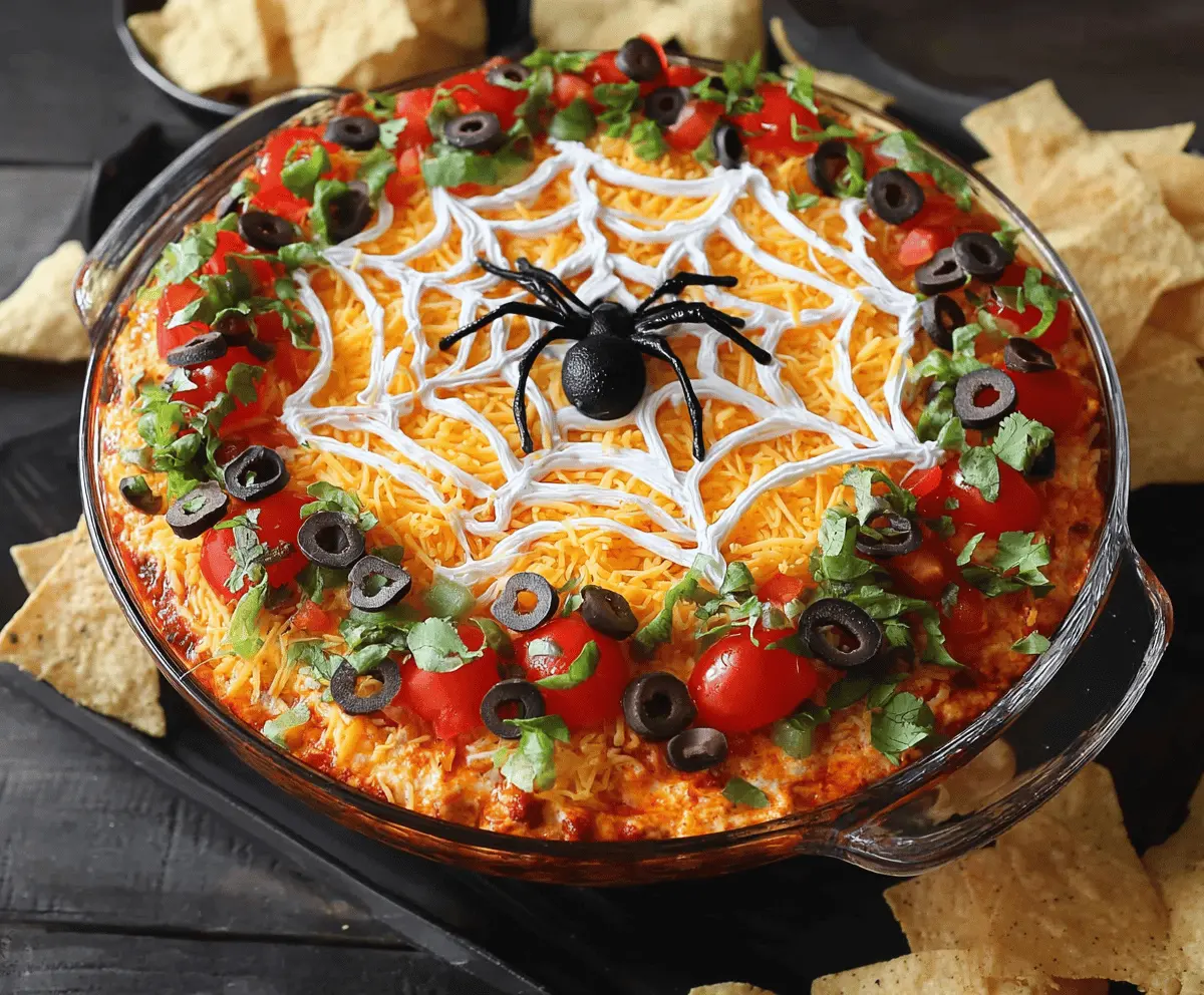Halloween Spiderweb Layered Taco Dip – Easy Spooky Party Recipe