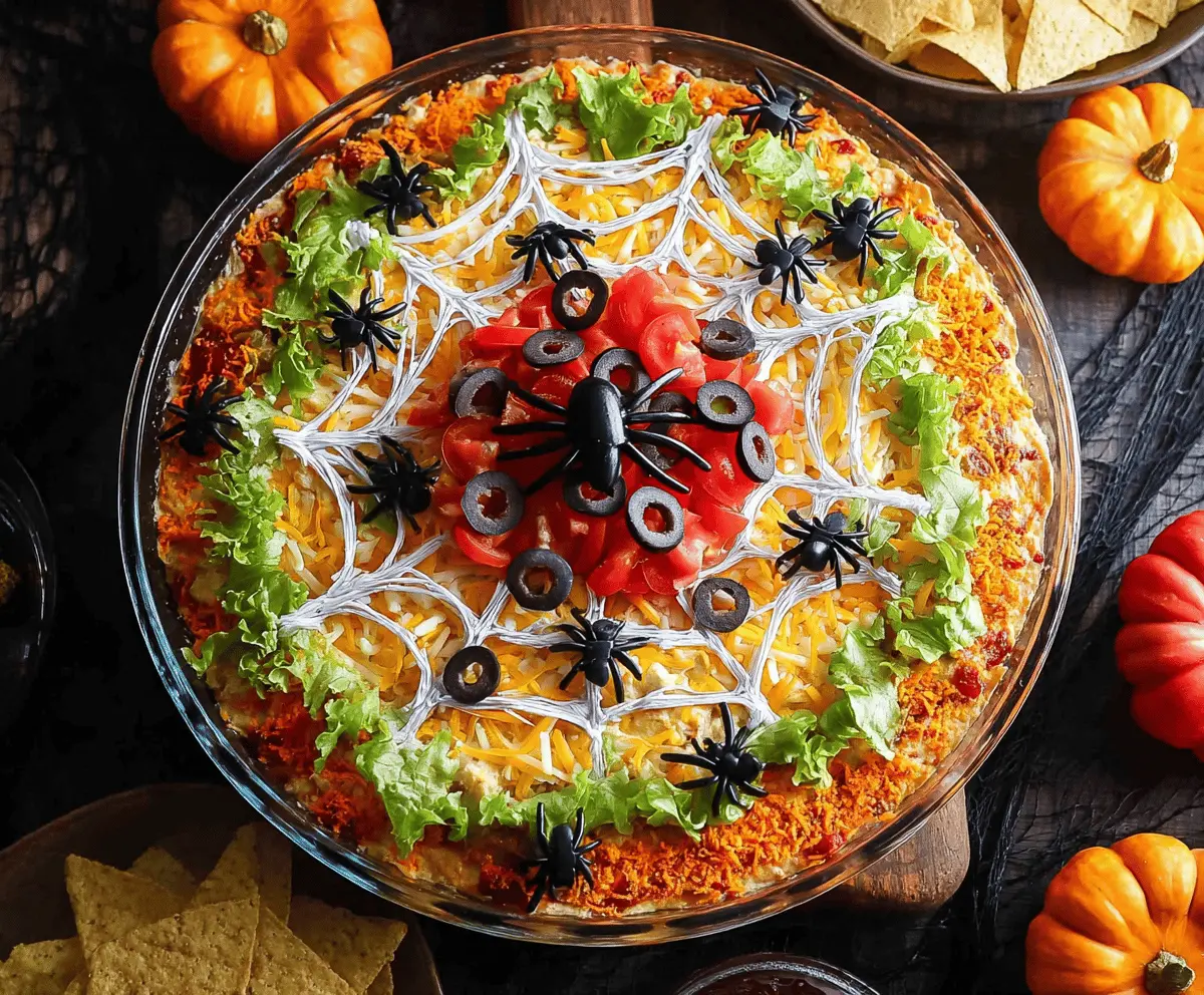 Colorful Halloween Spiderweb Layered Taco Dip with tortilla chips and festive decorations, perfect for spooky parties