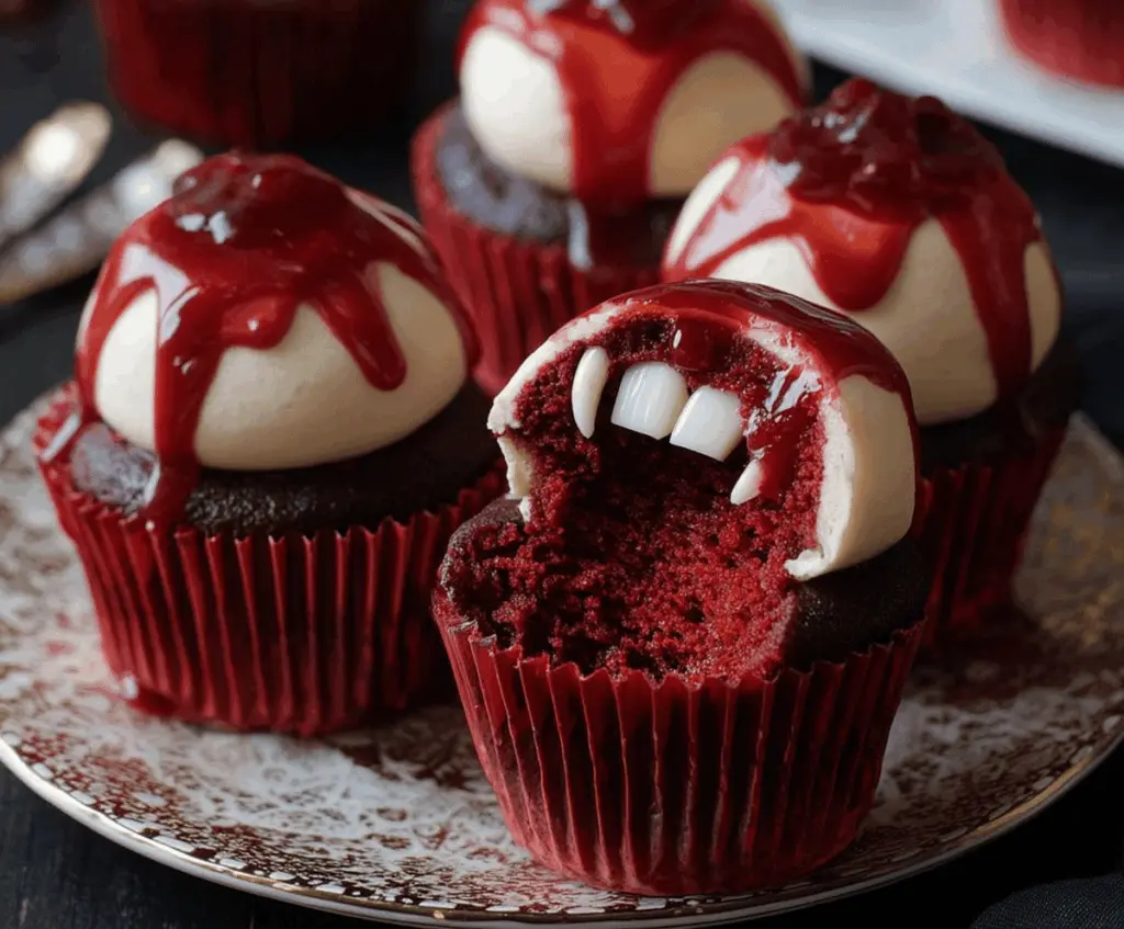 Decorative Halloween Vampire Bite Cupcakes topped with red frosting and creepy fangs for a spooky treat