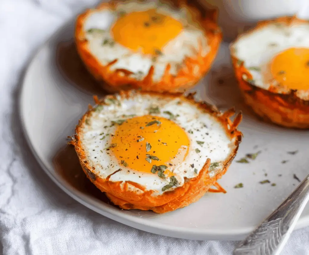 Healthy sweet potato baked egg cups in a muffin tin for a nutritious breakfast.