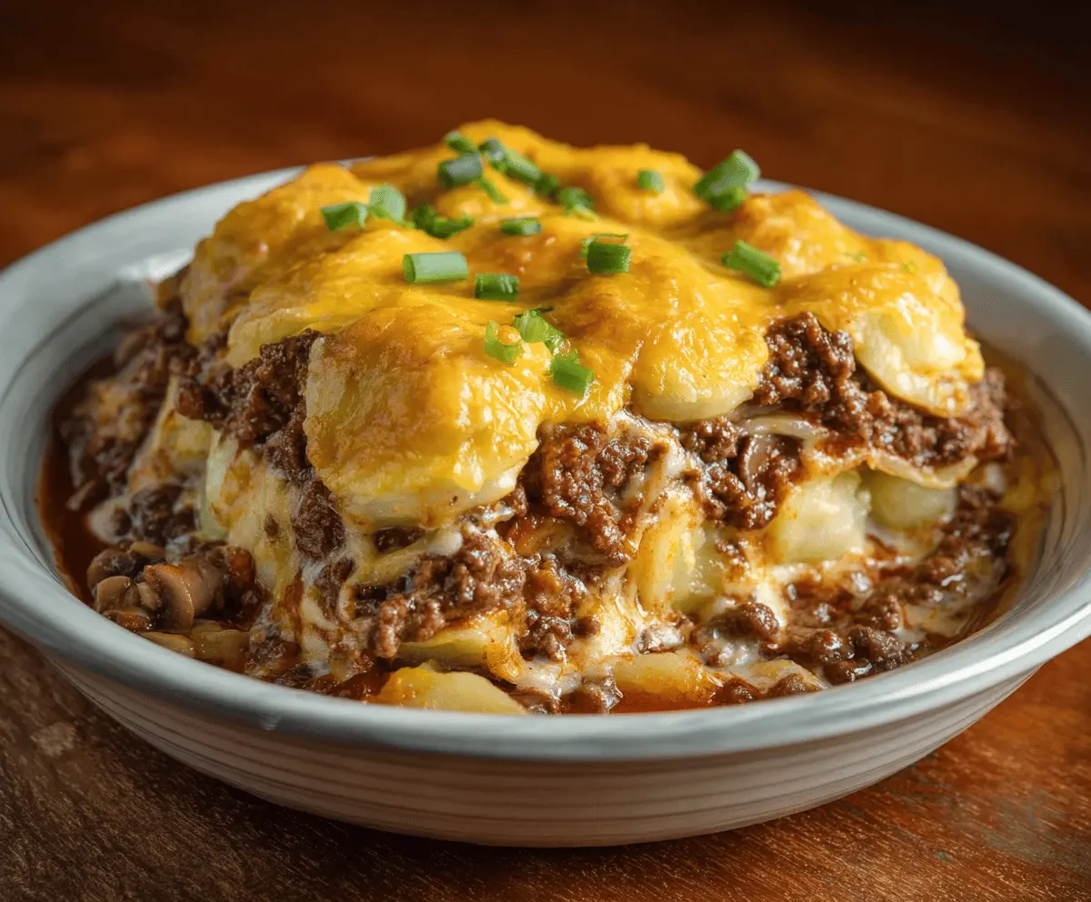 Delicious Hobo Casserole with Ground Beef in a baking dish, topped with melted cheese and fresh herbs, perfect for a hearty and easy dinner.