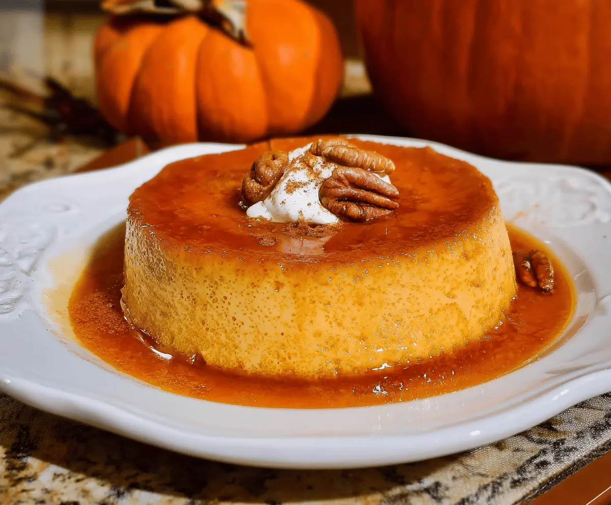 Creamy homemade pumpkin flan garnished with a caramel sauce and whipped cream, perfect for fall desserts.