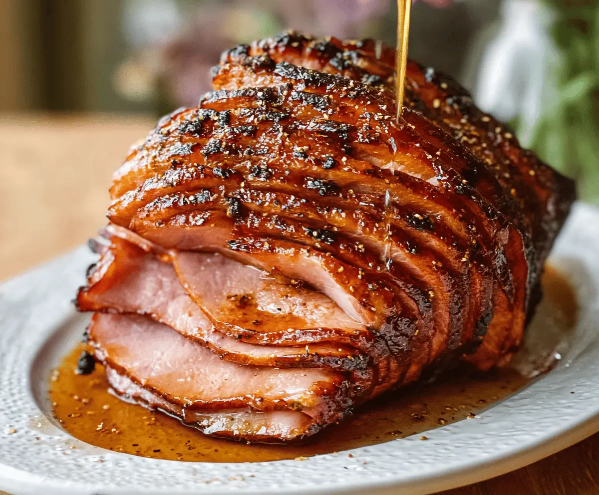 Delicious Honey-Garlic Spiral Ham glazed with honey and garlic, served on a platter for a festive meal