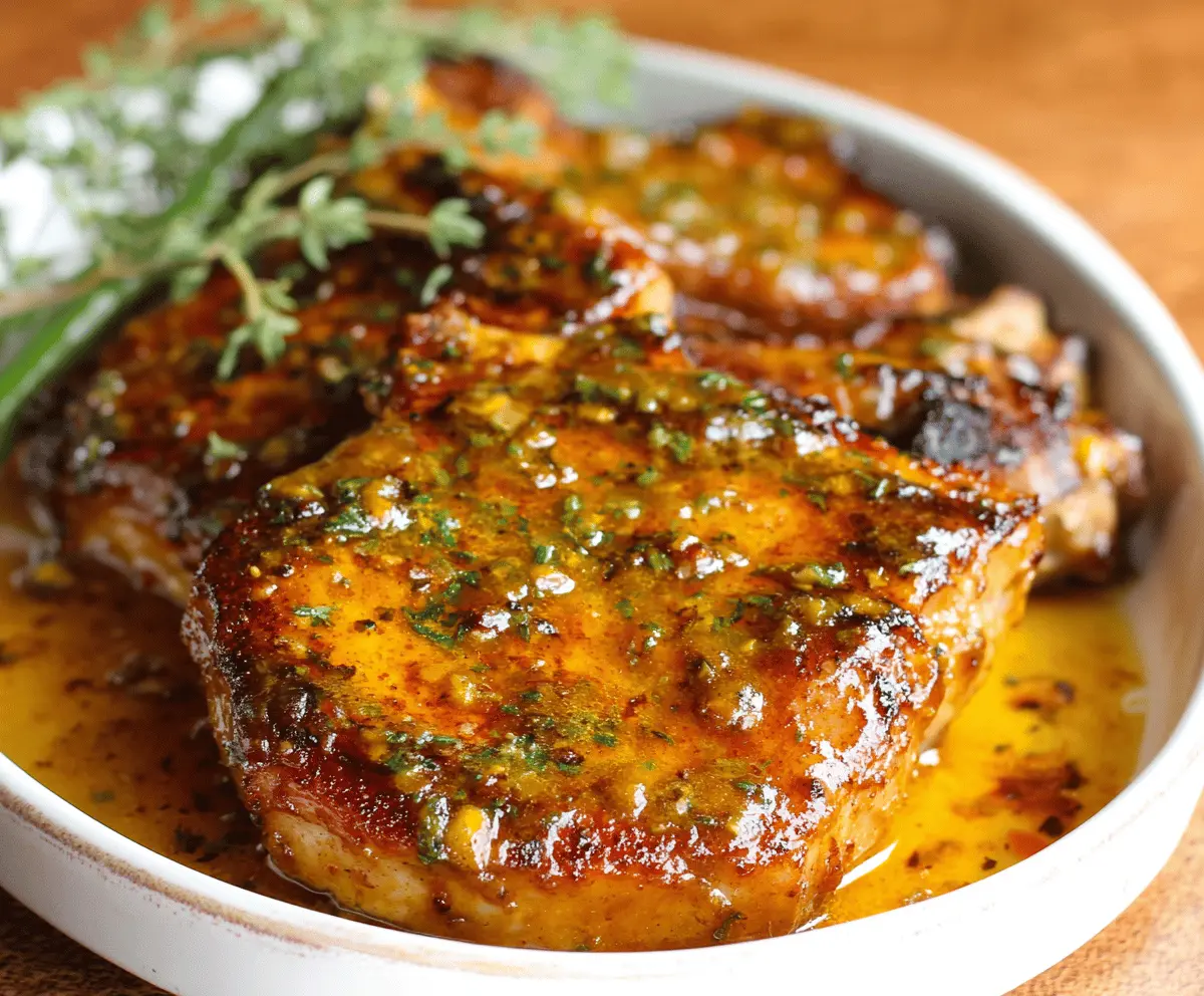 Juicy honey mustard glazed pork chops served with fresh herbs on a rustic plate