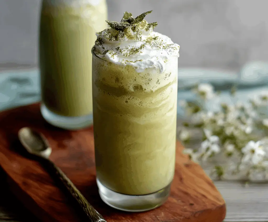 Creamy iced pineapple matcha frappe topped with whipped cream and fresh pineapple chunks, perfect for a refreshing summer beverage.