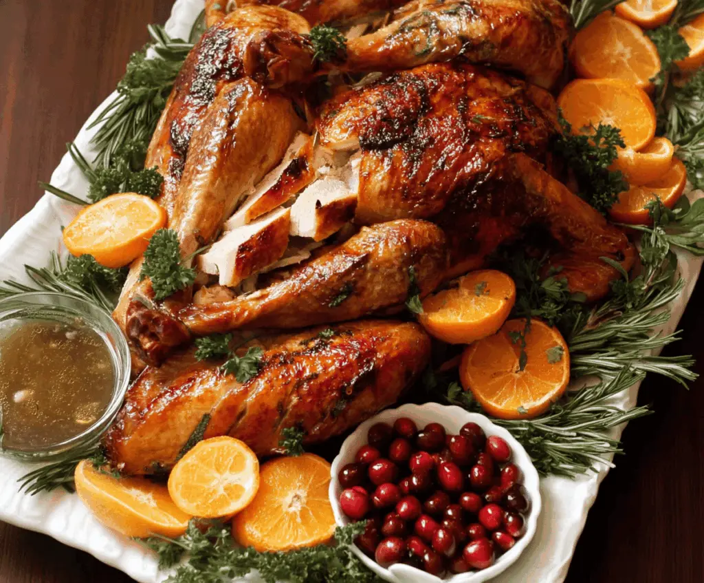 Juicy, golden-brown roasted turkey with crispy skin, perfect for holiday celebrations