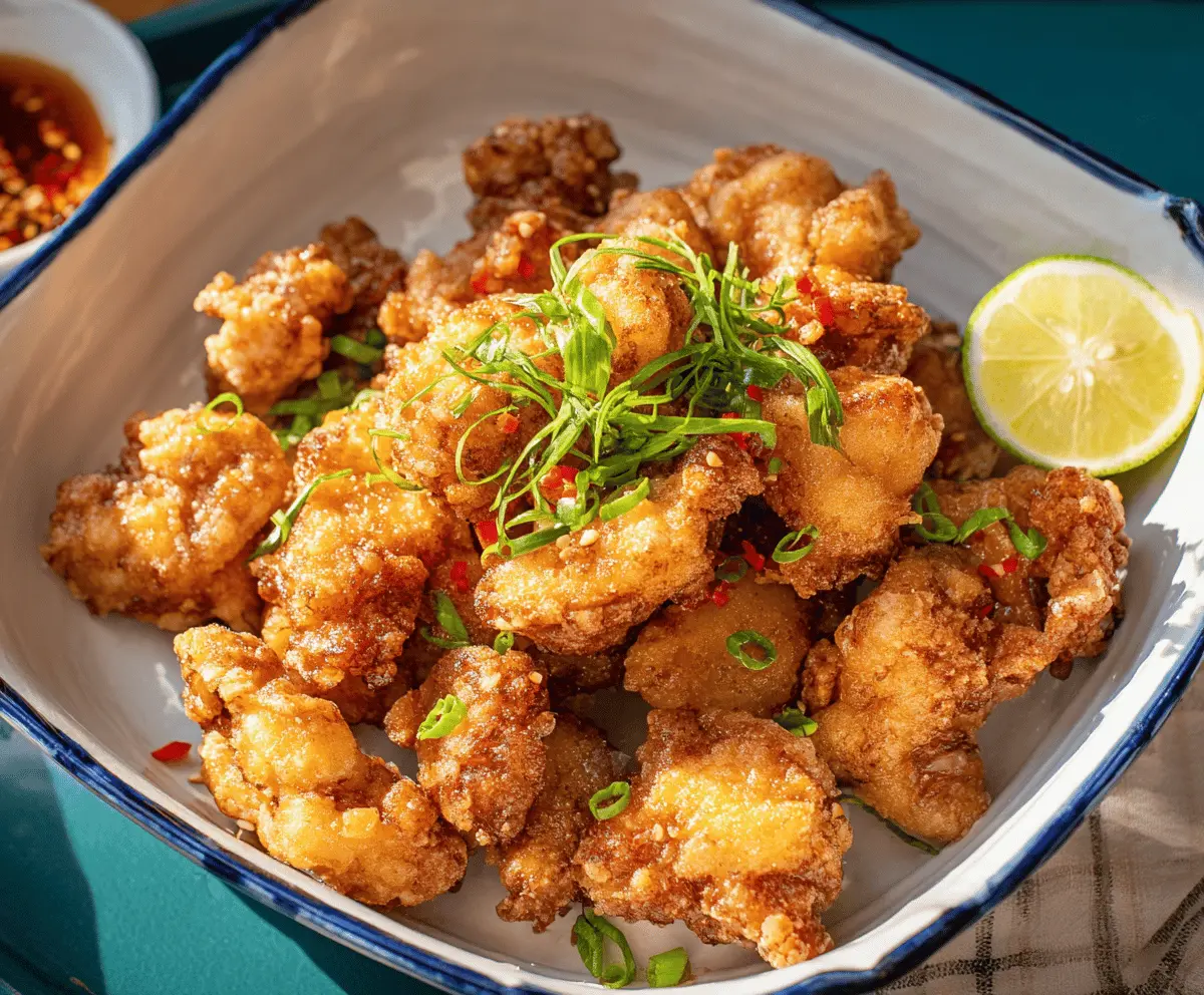 Juicy Japanese karaage fried chicken pieces with crispy golden-brown coating served on a plate