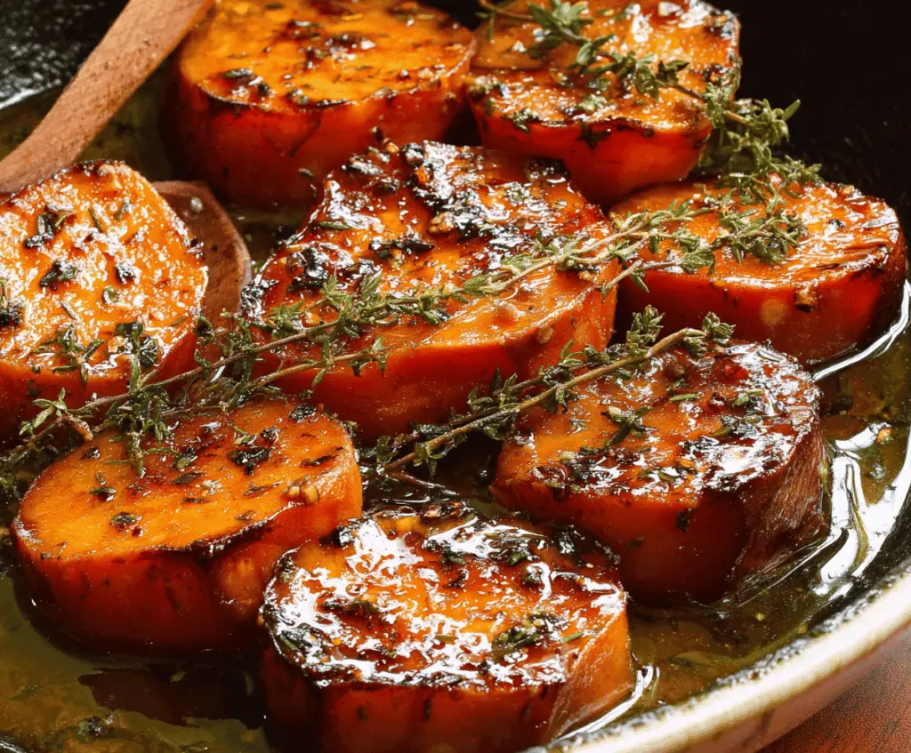 Delicious melt-in-your-mouth sweet potatoes with a caramelized glaze on a serving dish.