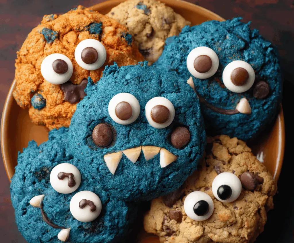 Delicious homemade monster cookies with colorful candies, chocolate chips, and oats on a baking sheet