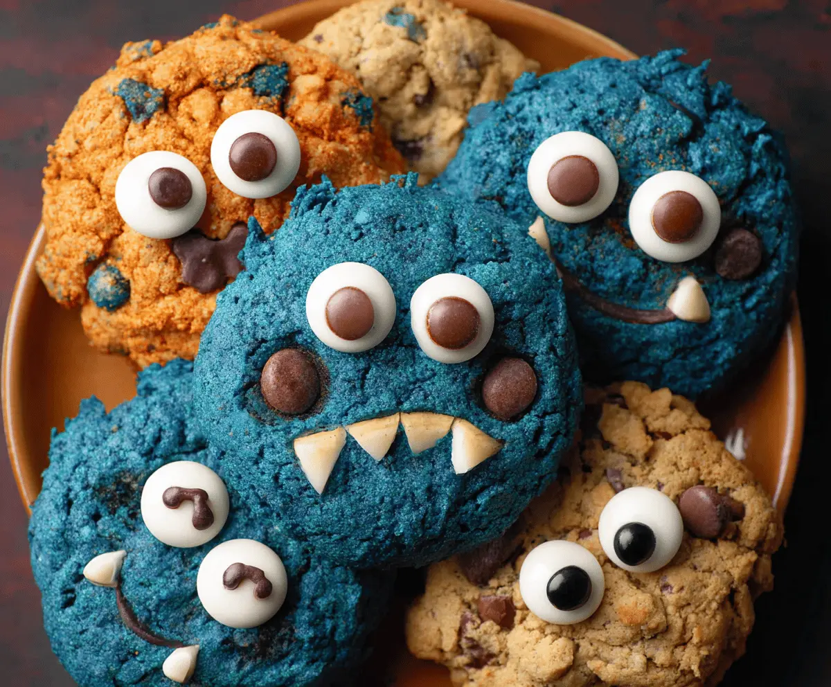 Delicious homemade monster cookies with colorful candies, chocolate chips, and oats on a baking sheet