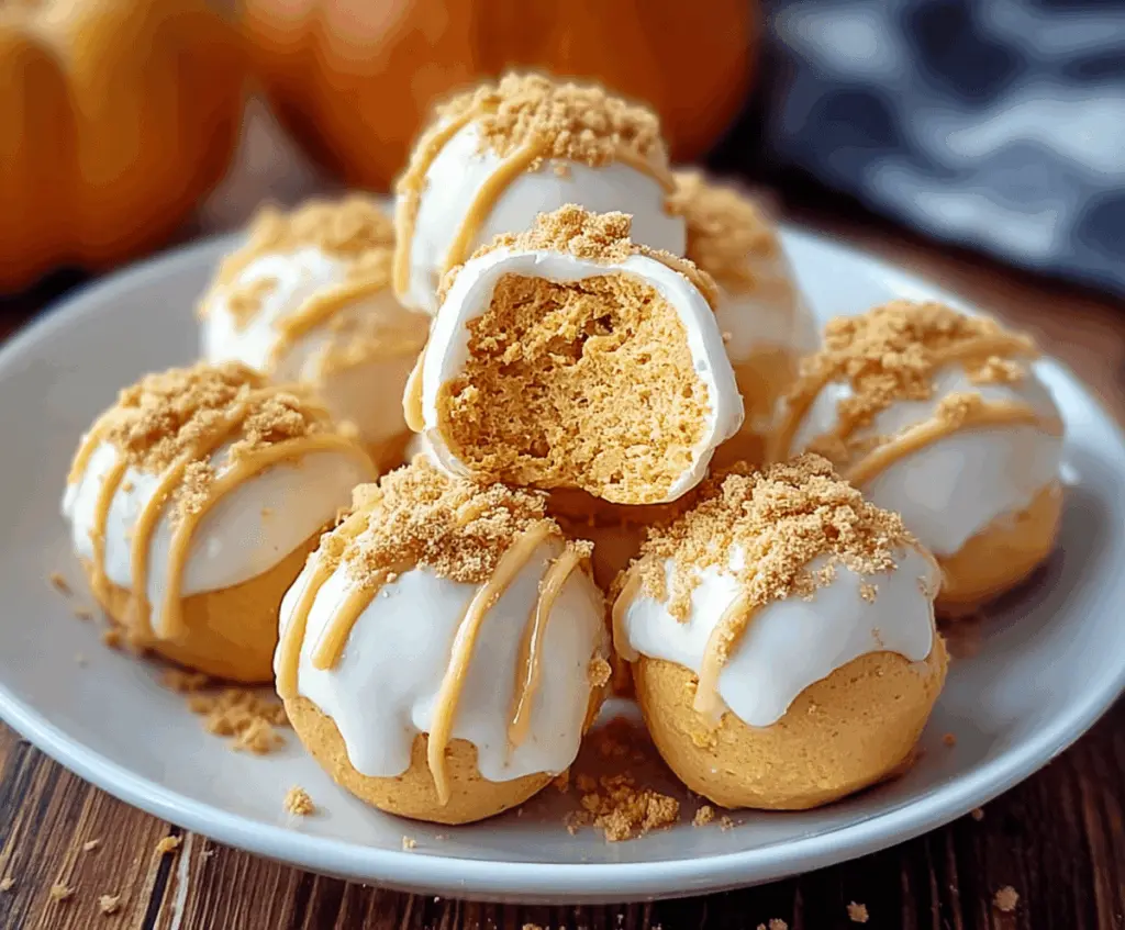 Creamy no-bake pumpkin cheesecake balls garnished with crushed graham crackers and a sprinkle of cinnamon, perfect for fall desserts