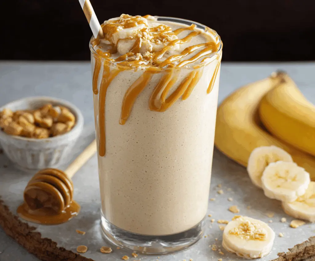 Creamy peanut butter and banana smoothie in a glass topped with sliced bananas and a drizzle of honey, perfect for a healthy breakfast or snack.