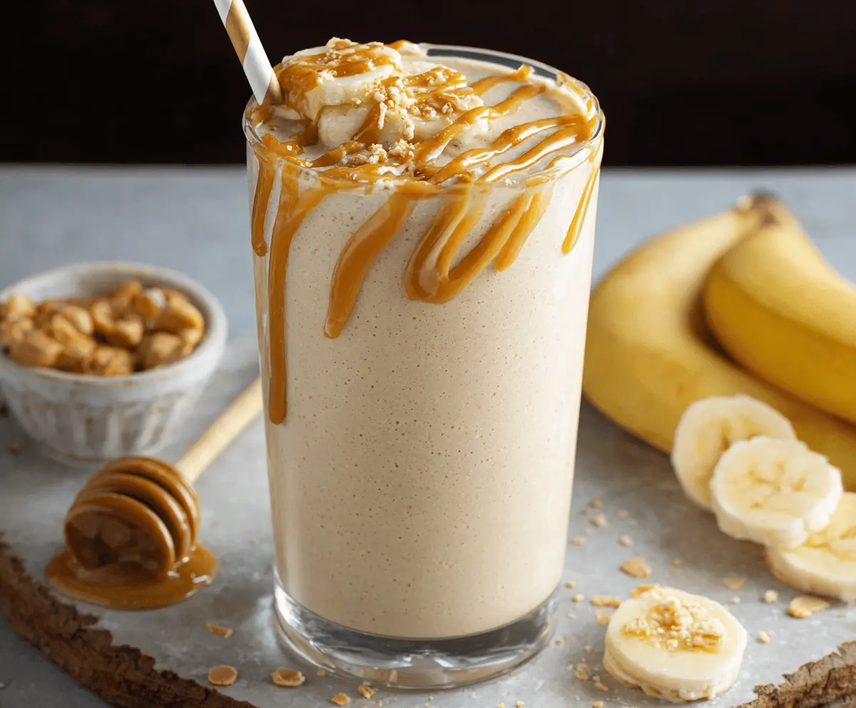 Creamy peanut butter and banana smoothie in a glass topped with sliced bananas and a drizzle of honey, perfect for a healthy breakfast or snack.