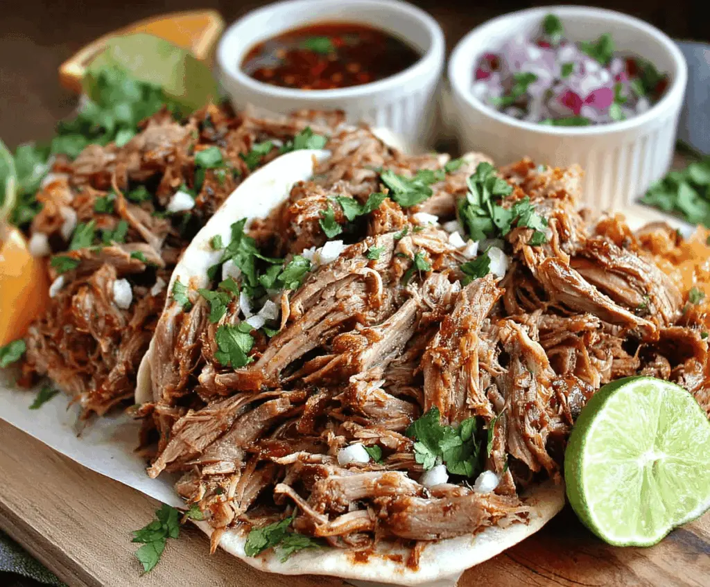 Delicious homemade pork carnitas served in a bowl with fresh toppings and tortillas, perfect for flavorful Mexican tacos