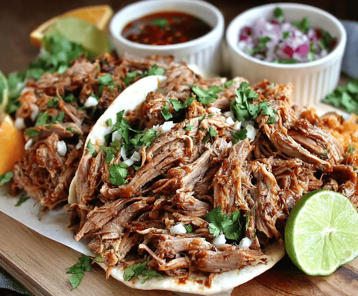 Delicious homemade pork carnitas served in a bowl with fresh toppings and tortillas, perfect for flavorful Mexican tacos