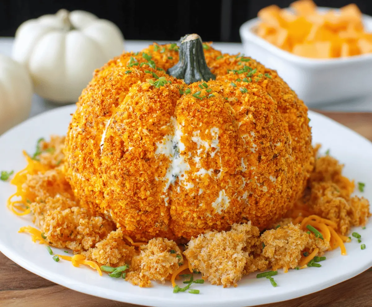 Creamy pumpkin cheese ball decorated with parsley and pretzels, perfect for fall parties and holiday gatherings.