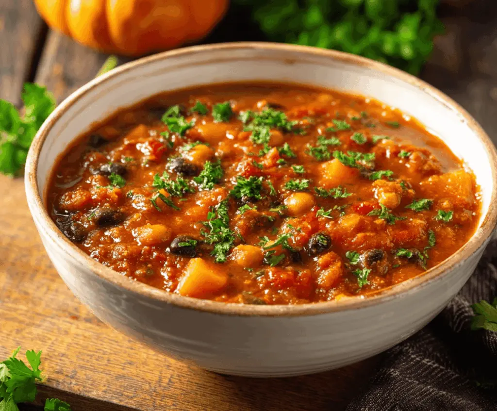 Hearty pumpkin chili in a bowl with toppings, perfect for cozy fall meals.