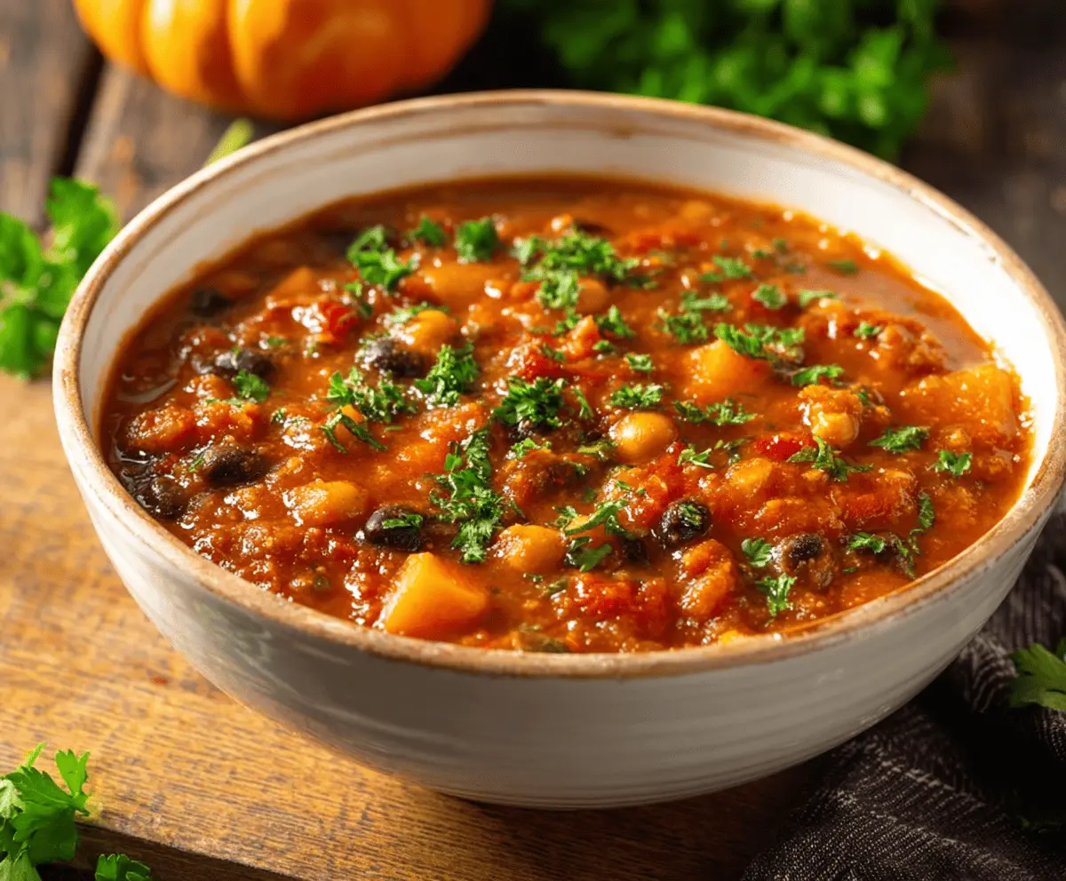 Hearty pumpkin chili in a bowl with toppings, perfect for cozy fall meals.