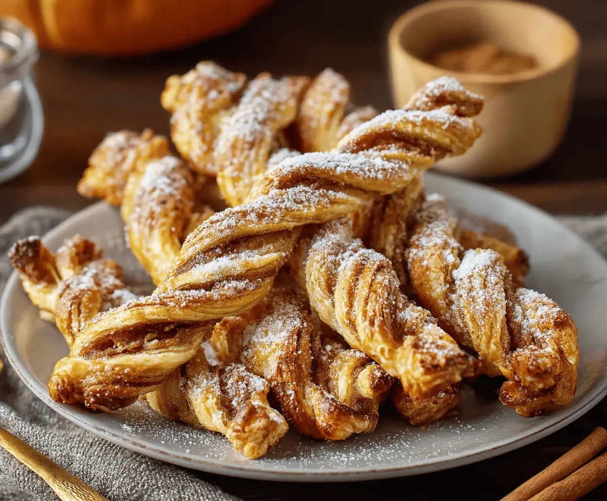 Delicious Pumpkin Pie Twists topped with cinnamon sugar, served on a rustic wooden platter, perfect for fall desserts.