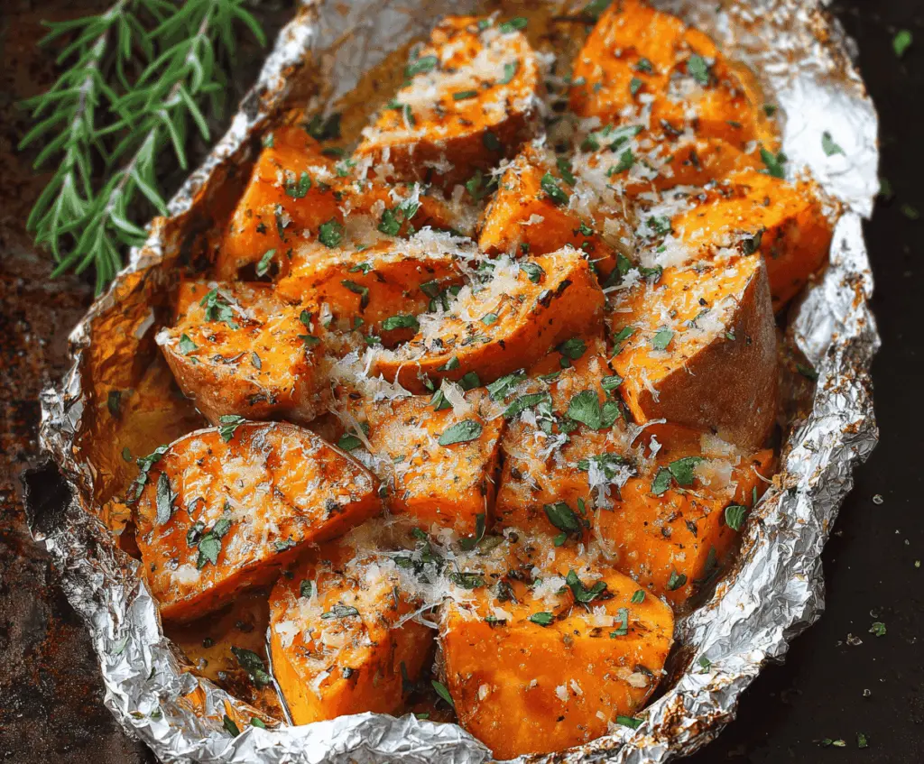 Golden roasted sweet potatoes garnished with fresh herbs and grated Parmesan cheese, perfect for a healthy side dish.
