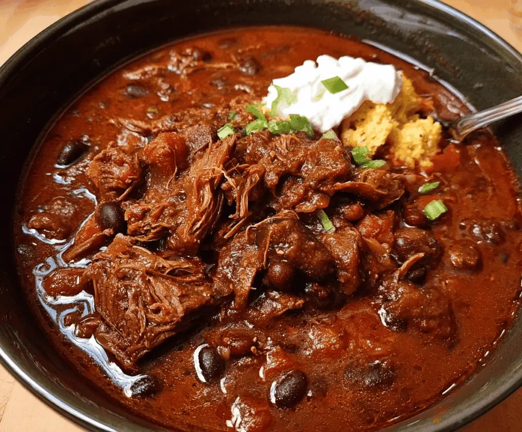 Delicious slow cooker chuck roast chili in a bowl, featuring tender beef, beans, and spices, ready to serve