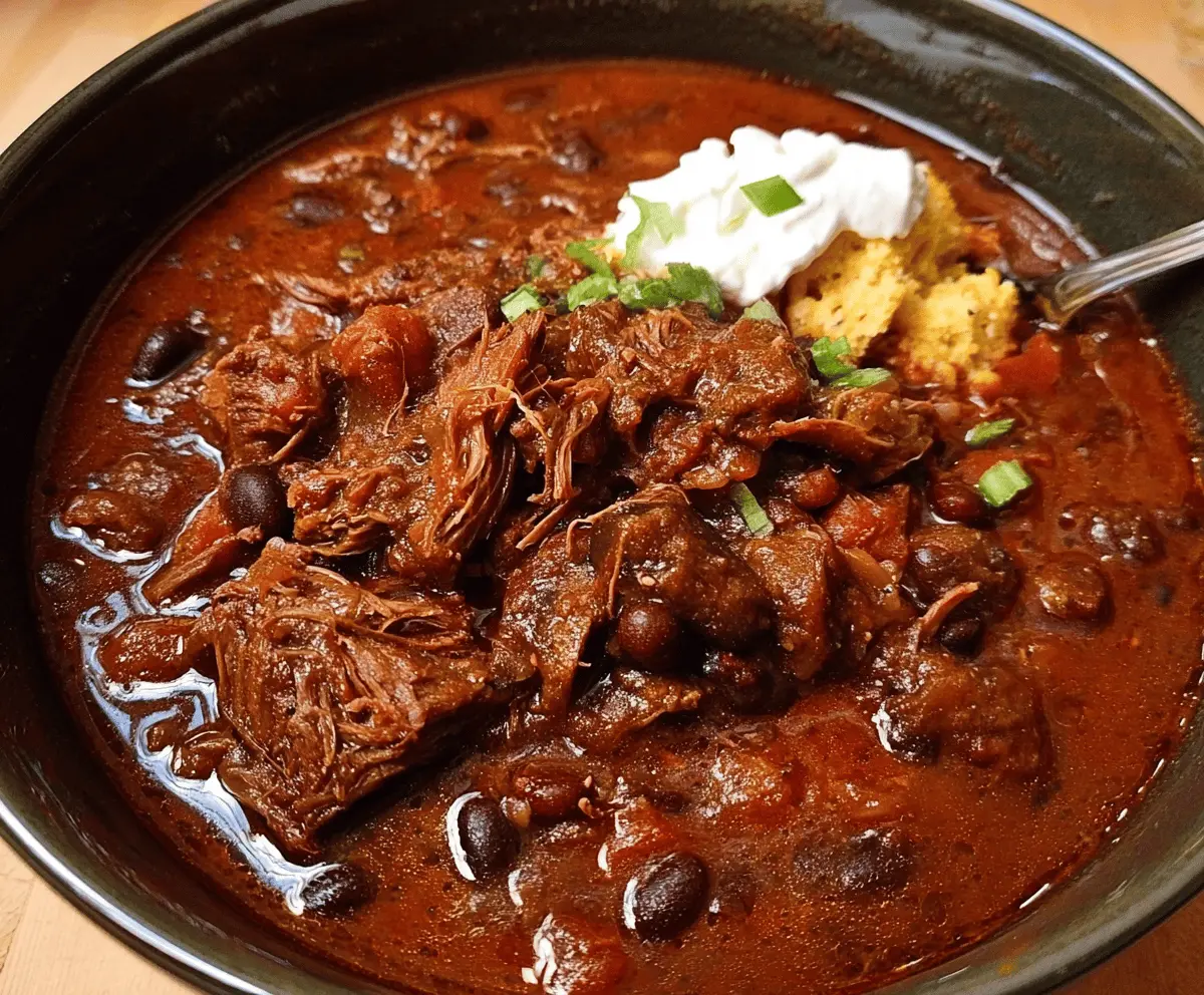 Delicious slow cooker chuck roast chili in a bowl, featuring tender beef, beans, and spices, ready to serve