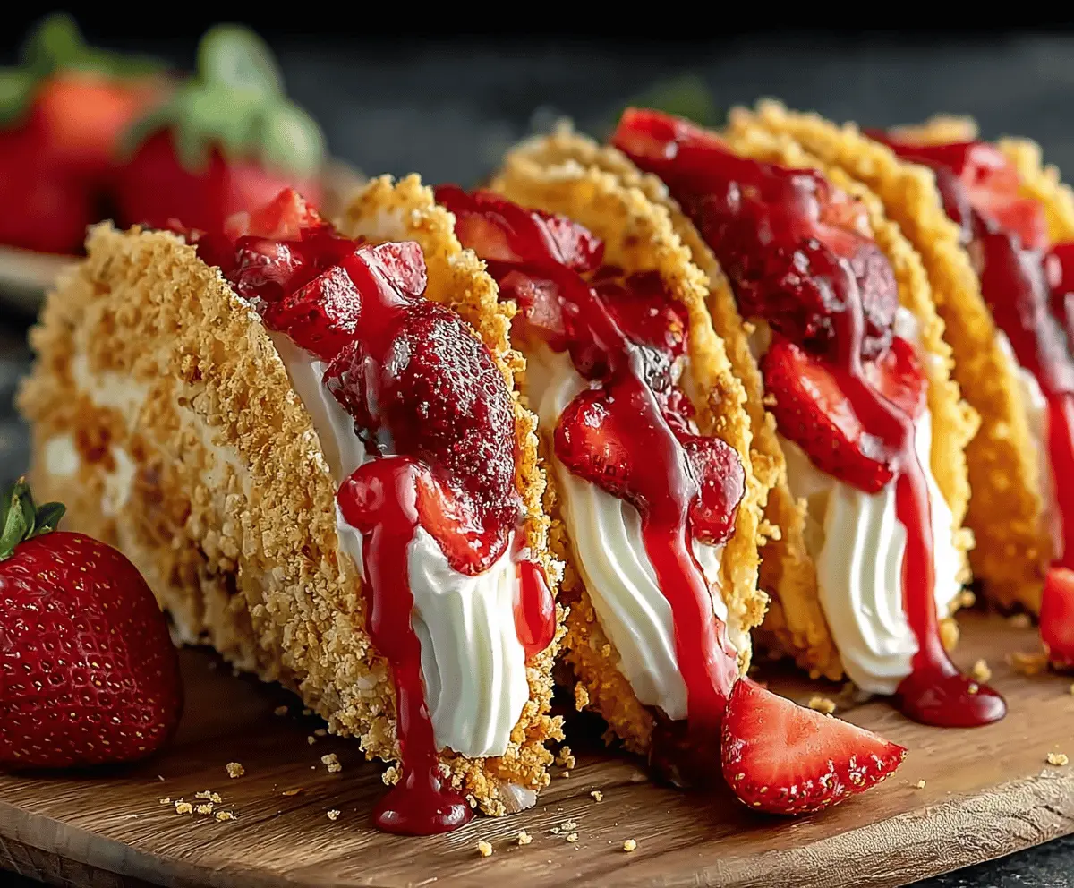Delicious Strawberry Crunch Cheesecake Tacos with fresh strawberries, crunchy toppings, and creamy cheesecake filling ready to serve