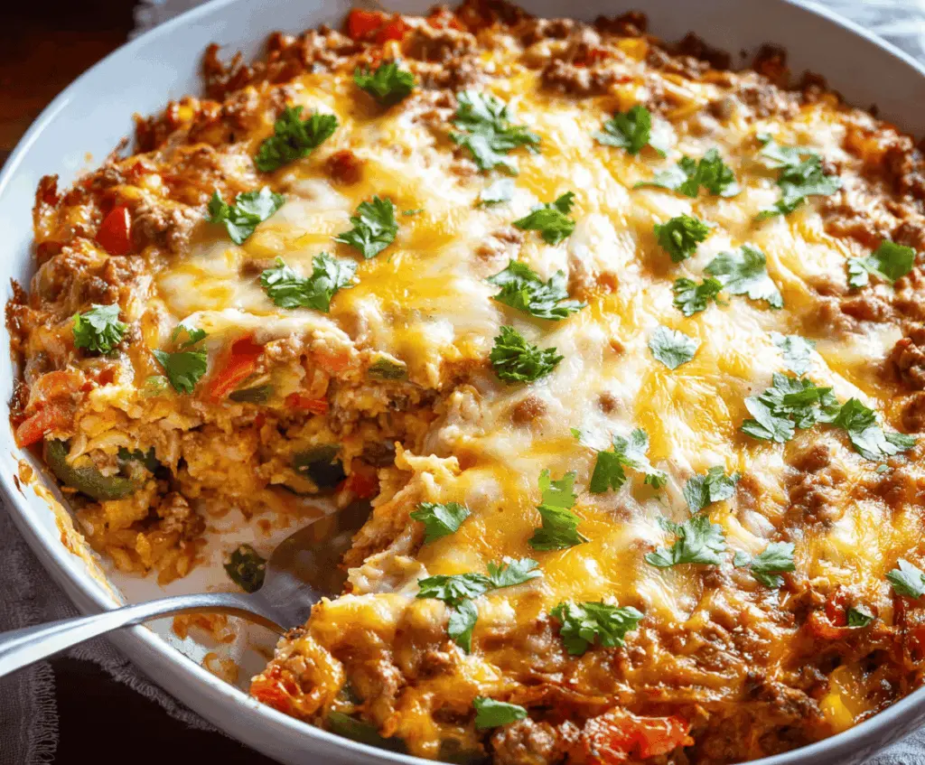 Delicious stuffed pepper casserole with colorful bell peppers, seasoned ground meat, and melted cheese, served hot on a plate