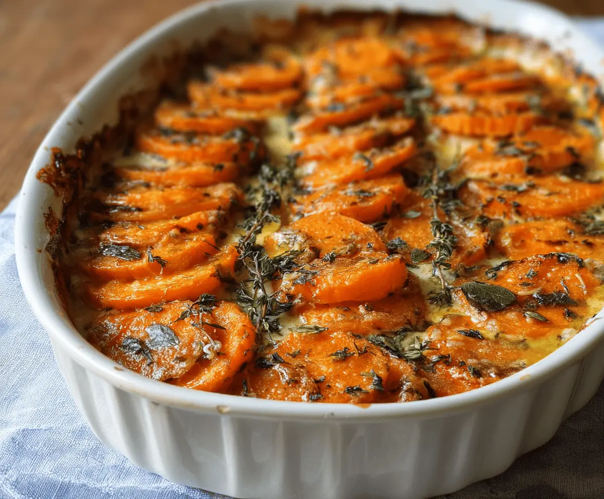 Delicious baked sweet potato gratin with creamy sauce and fresh thyme garnish