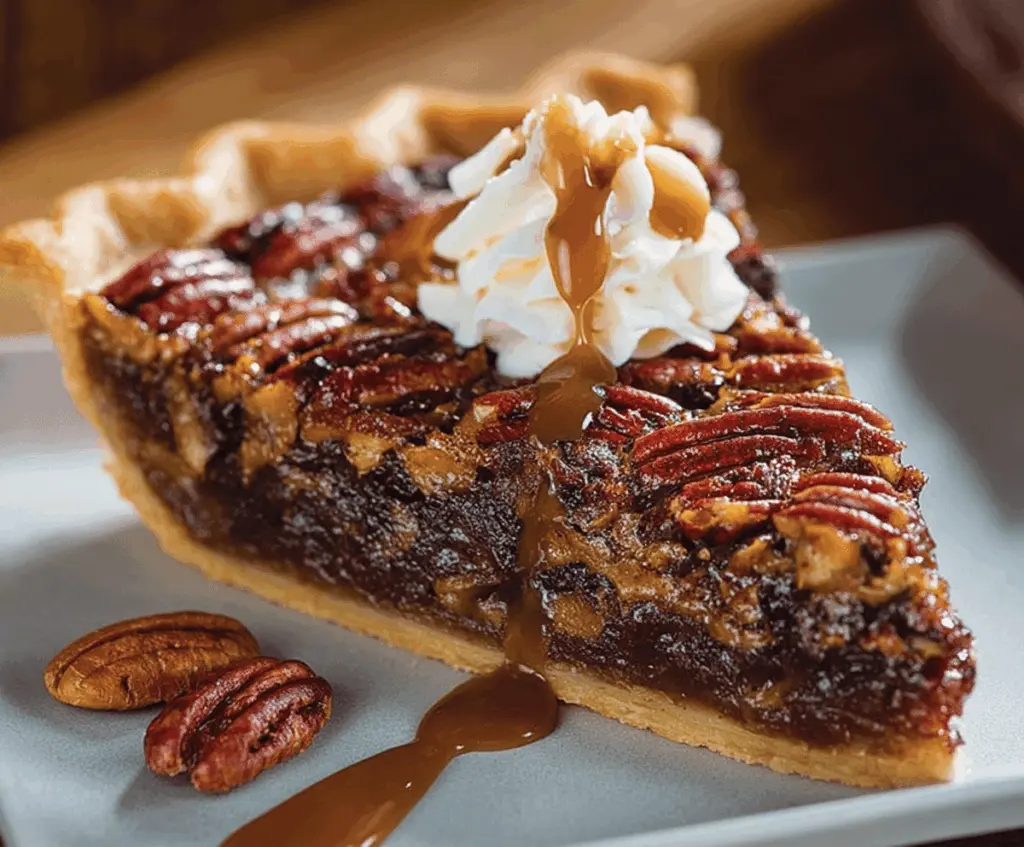 Delicious slice of Texas Chocolate Pecan Pie topped with whipped cream, showcasing rich chocolate, toasted pecans, and a flaky crust, perfect for dessert.