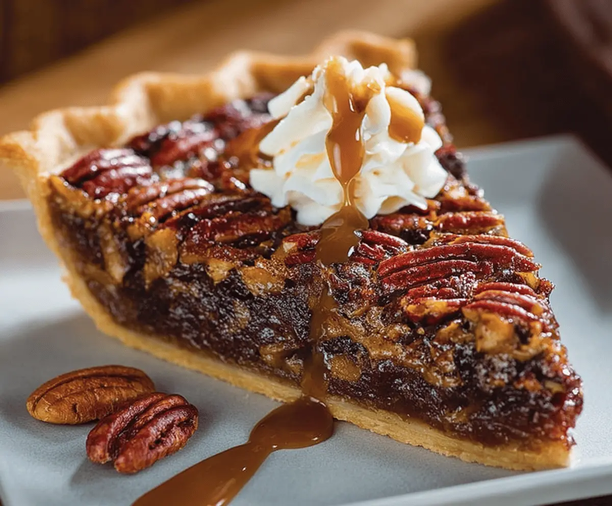 Delicious slice of Texas Chocolate Pecan Pie topped with whipped cream, showcasing rich chocolate, toasted pecans, and a flaky crust, perfect for dessert.