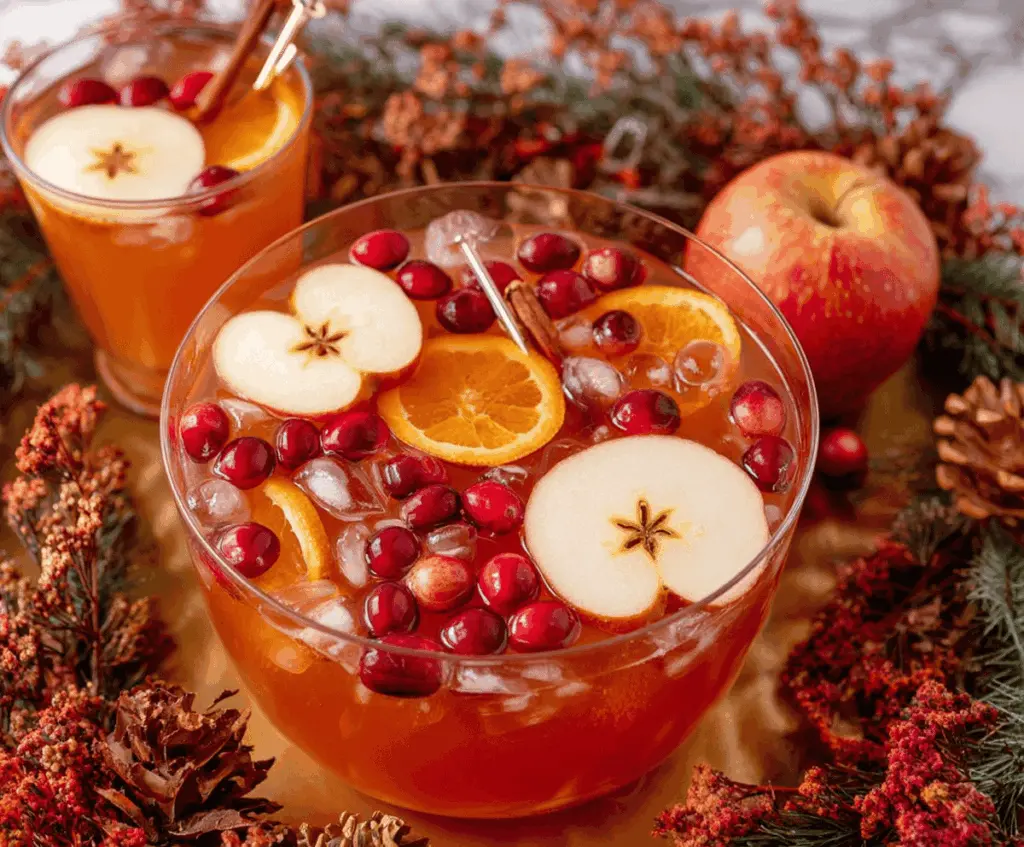 Festive Thanksgiving Punch in a clear glass pitcher with colorful fruit slices and ice, perfect for holiday celebration drinks
