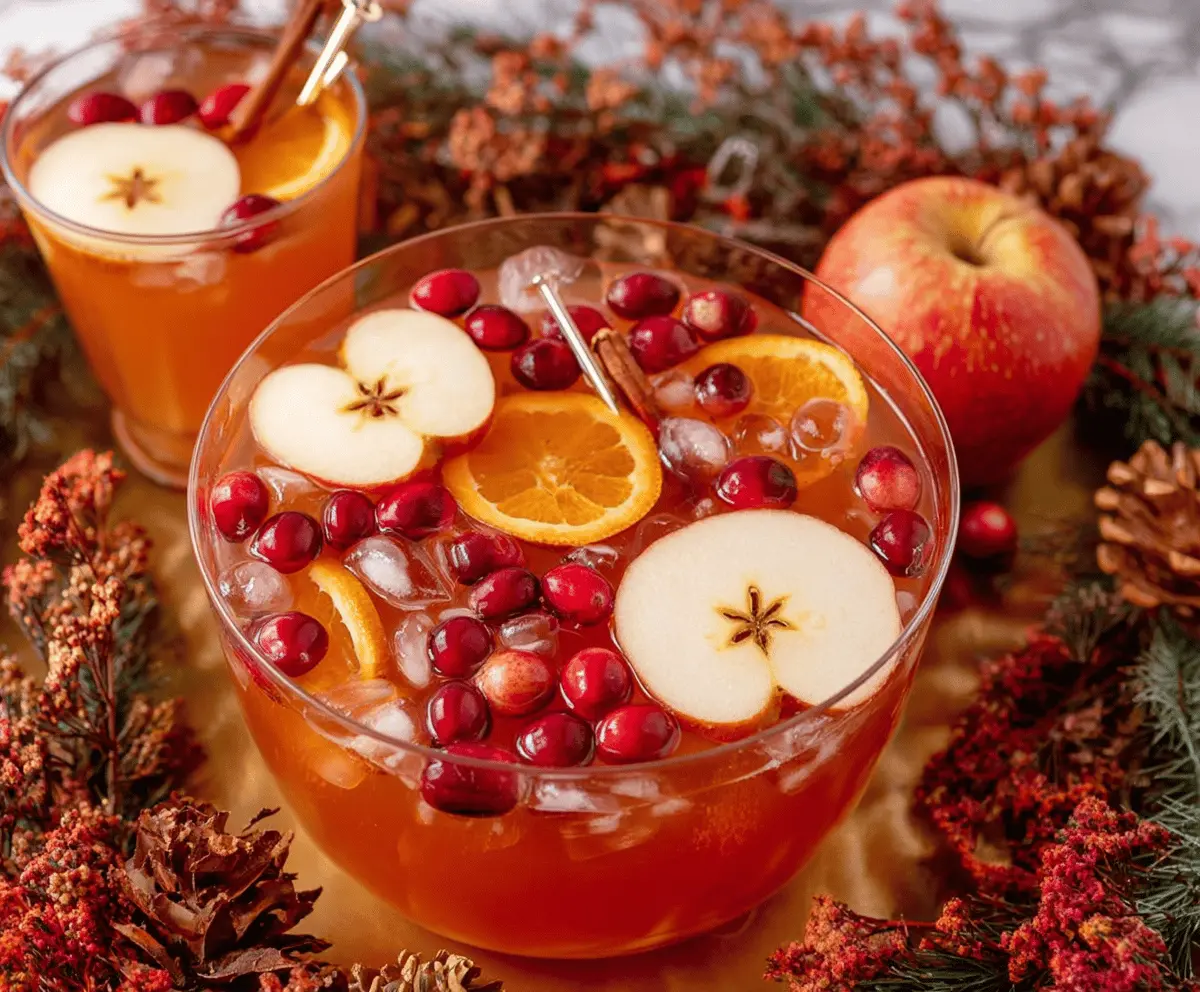 Festive Thanksgiving Punch in a clear glass pitcher with colorful fruit slices and ice, perfect for holiday celebration drinks