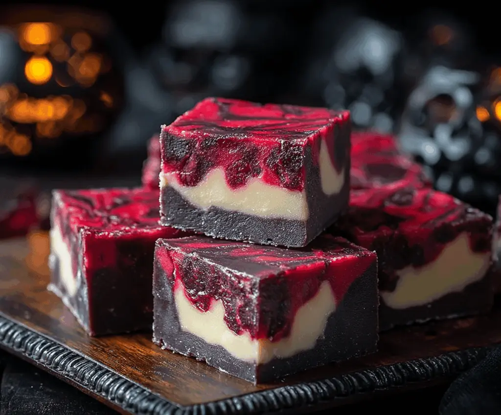 Delicious homemade Vampire Fudge topped with red and black candy accents, perfect for Halloween treats