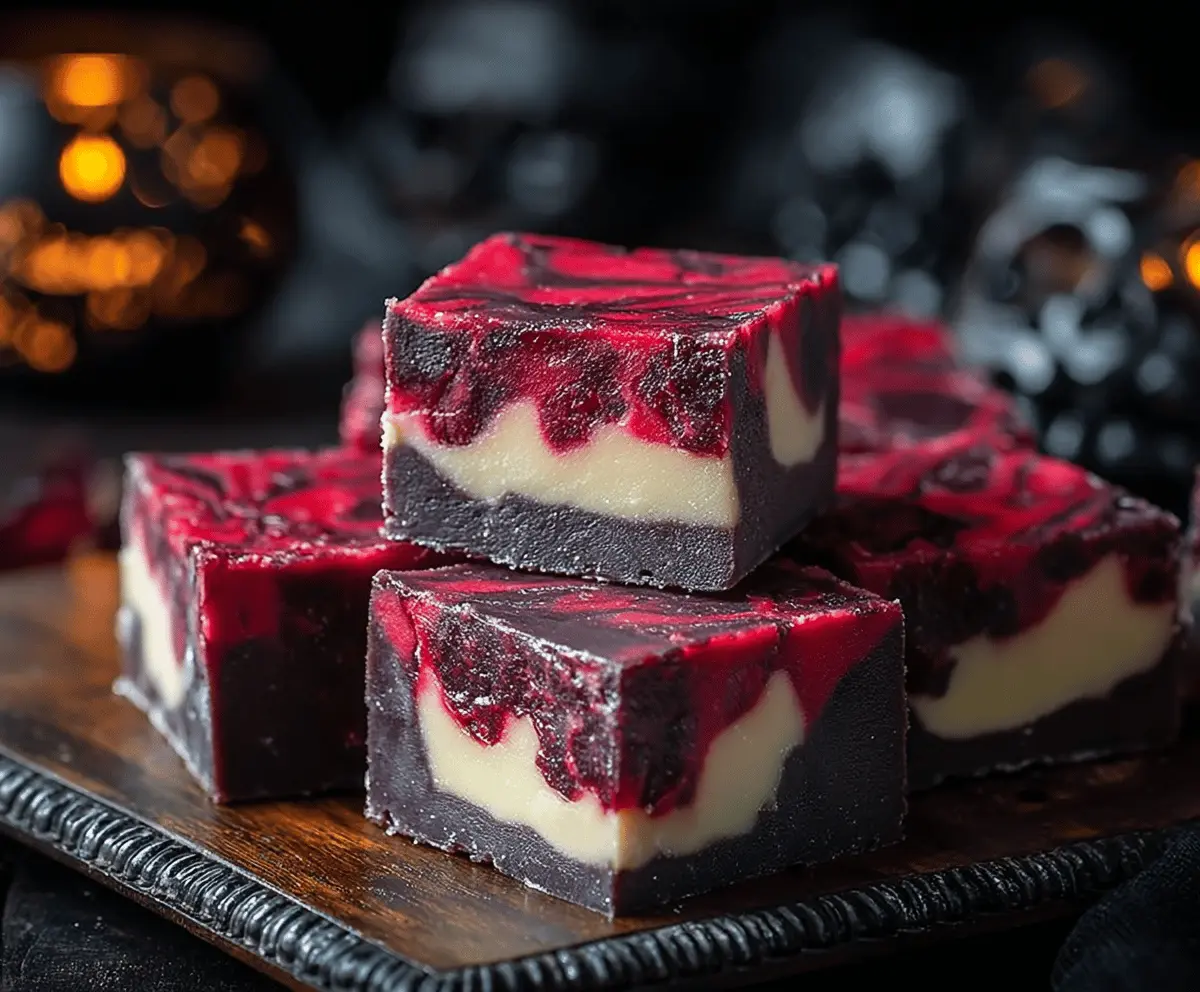Delicious homemade Vampire Fudge topped with red and black candy accents, perfect for Halloween treats