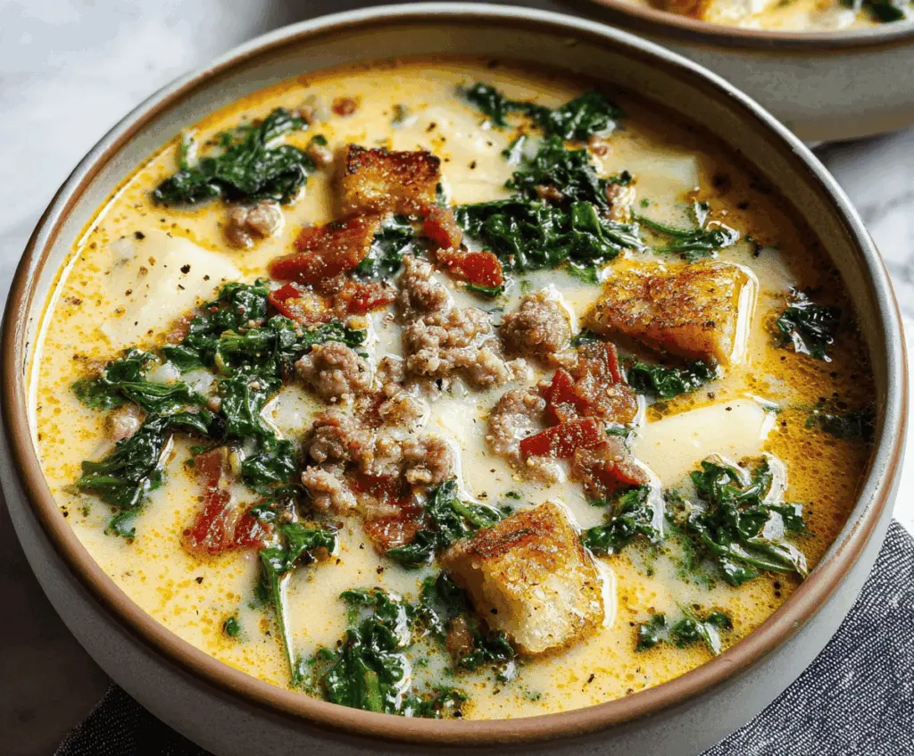 Creamy Zuppa Toscana soup with kale, Italian sausage, potatoes, and crispy bacon served in a bowl.