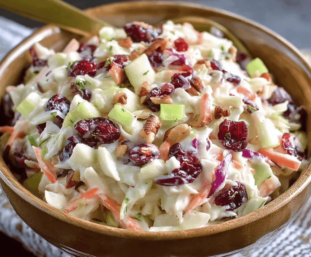 Fresh Apple Cranberry Coleslaw with crisp vegetables and vibrant cranberries for a sweet and tangy salad.
