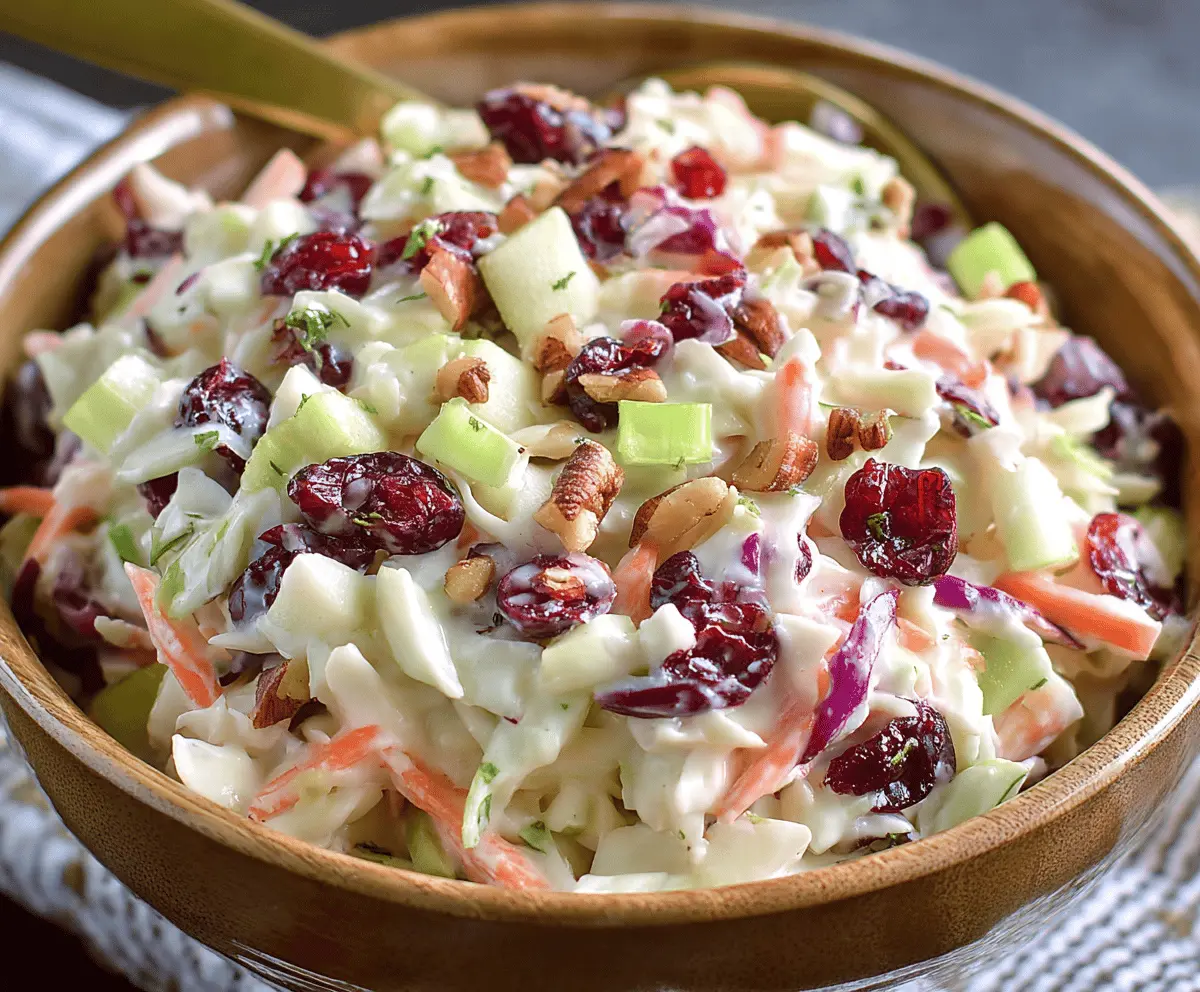 Fresh Apple Cranberry Coleslaw with crisp vegetables and vibrant cranberries for a sweet and tangy salad.