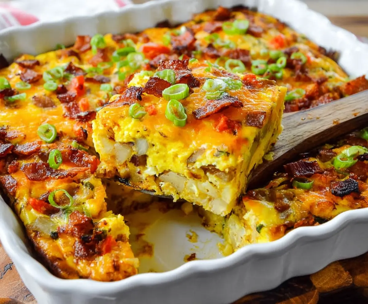 Savory Bacon Potato Egg Breakfast Casserole with melted cheese and fresh herbs in a baking dish.