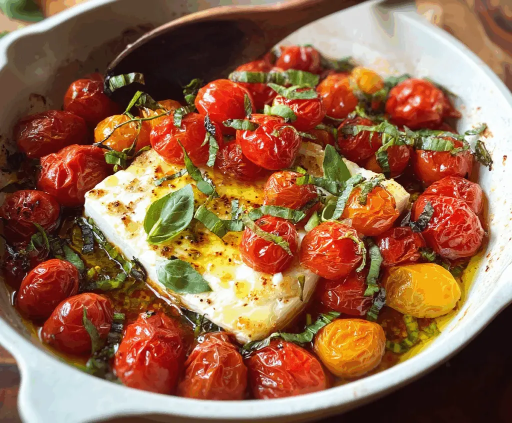 Delicious baked feta cheese with roasted cherry tomatoes and herbs.