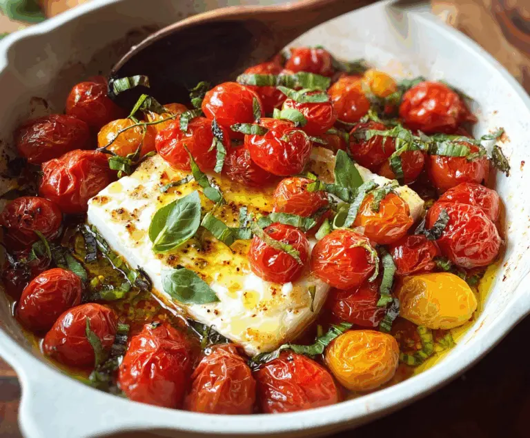 Delicious baked feta cheese with roasted cherry tomatoes and herbs.